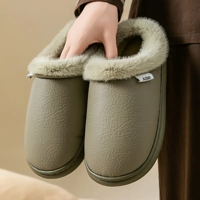 Flat-Heeled Cotton Shoes for Men in Autumn and Winter Home Indoor Thick-Soled Waterproof Fleece-Lined Cotton Shoes for Middle-Aged and Elderly Women's Warm Cotton Slippers - Image 3