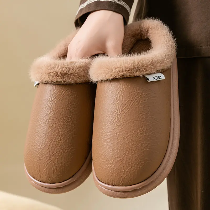 Flat-Heeled Cotton Shoes for Men in Autumn and Winter Home Indoor Thick-Soled Waterproof Fleece-Lined Cotton Shoes for Middle-Aged and Elderly Women's Warm Cotton Slippers - Image 4