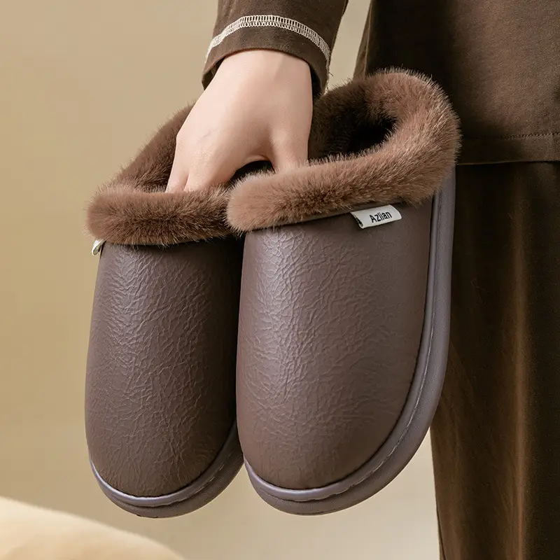 Flat-Heeled Cotton Shoes for Men in Autumn and Winter Home Indoor Thick-Soled Waterproof Fleece-Lined Cotton Shoes for Middle-Aged and Elderly Women's Warm Cotton Slippers - Image 5