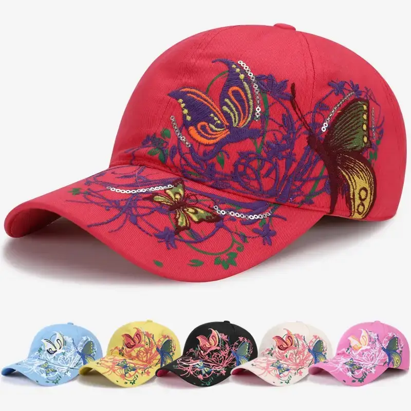 Women Butterfly Embroidered Pink Baseball Cap - Image 8