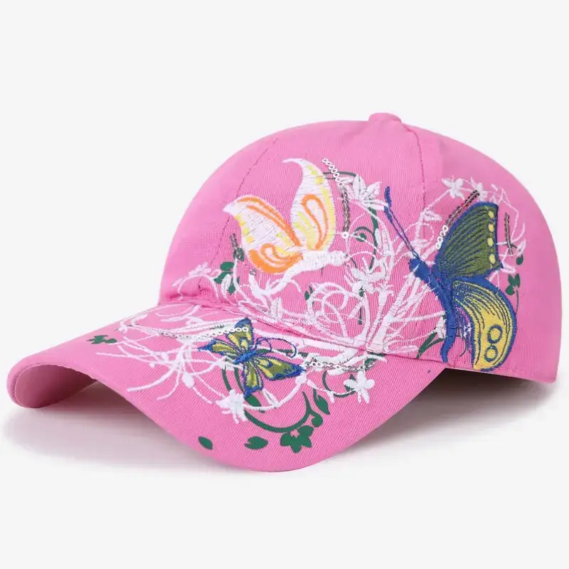 Women Butterfly Embroidered Pink Baseball Cap - Image 2