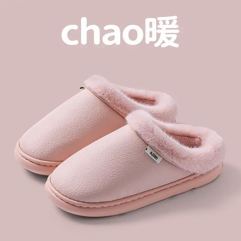 Pink Warm Cowhide Slippers for Men Women Winter - Image 6