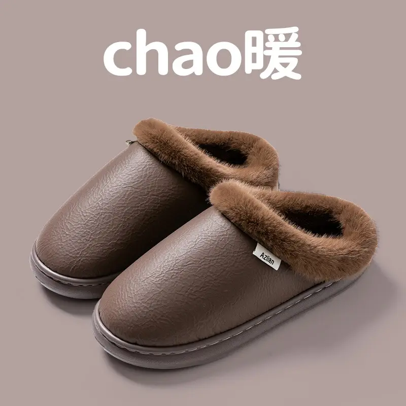 Pink Warm Cowhide Slippers for Men Women Winter - Image 7
