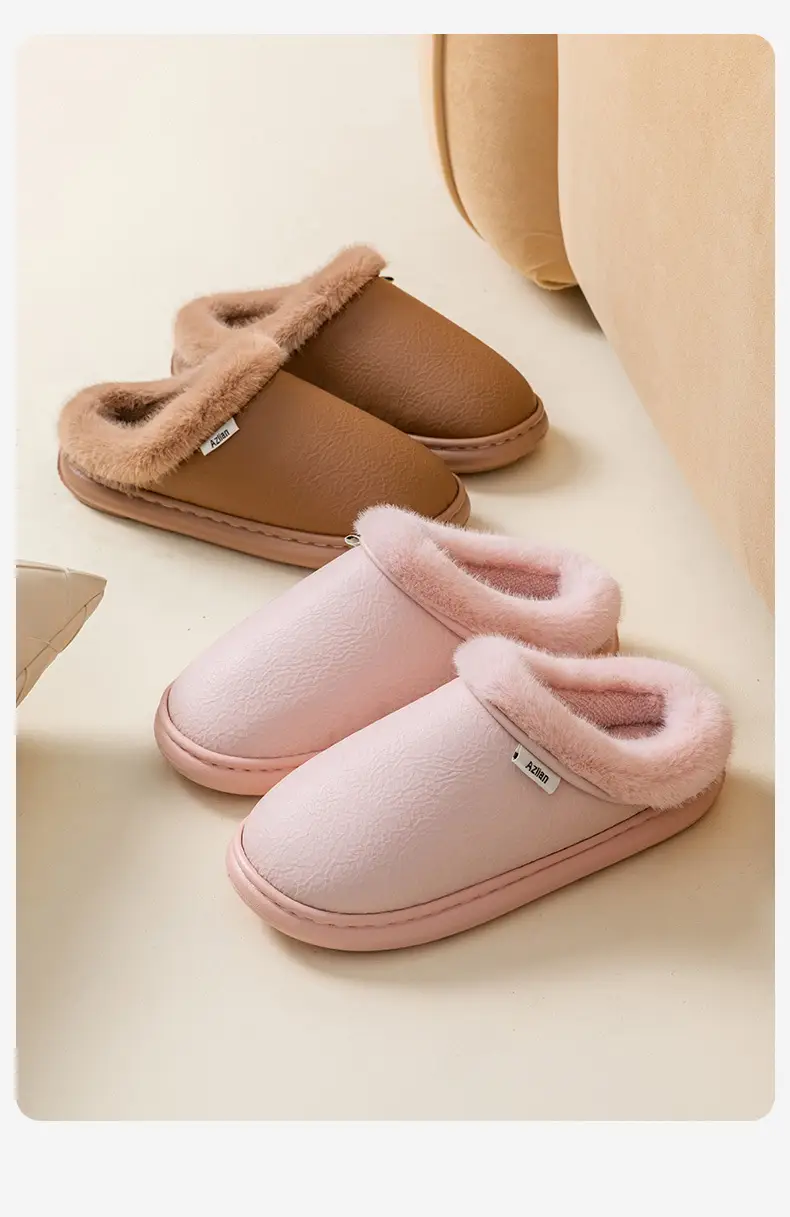 Pink Warm Cowhide Slippers for Men Women Winter — feature 17