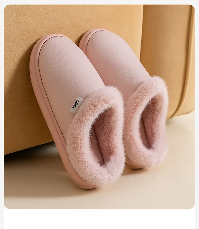 Pink Warm Cowhide Slippers for Men Women Winter — feature 2
