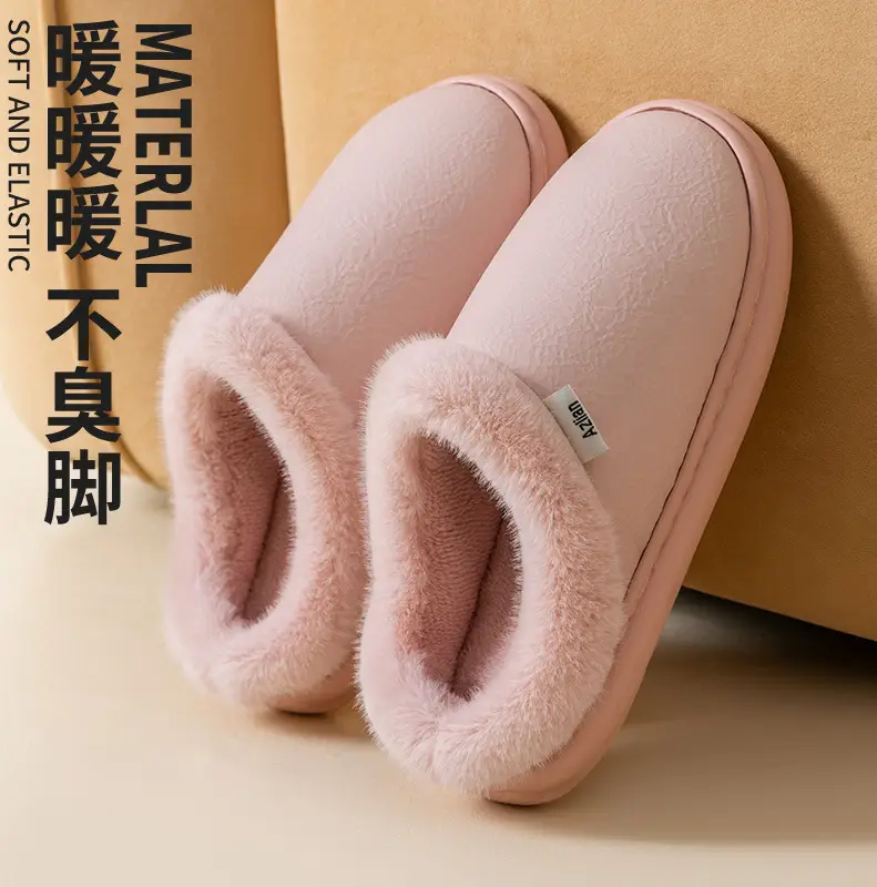 Pink Warm Cowhide Slippers for Men Women Winter - Image 2