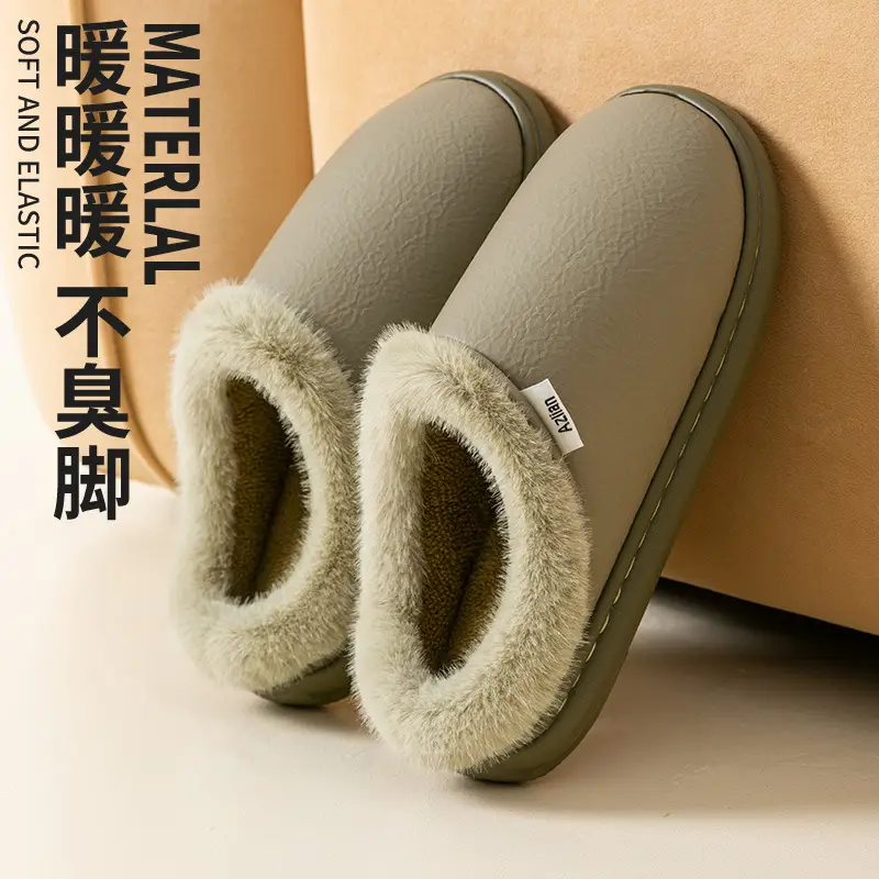 Pink Warm Cowhide Slippers for Men Women Winter - Image 3