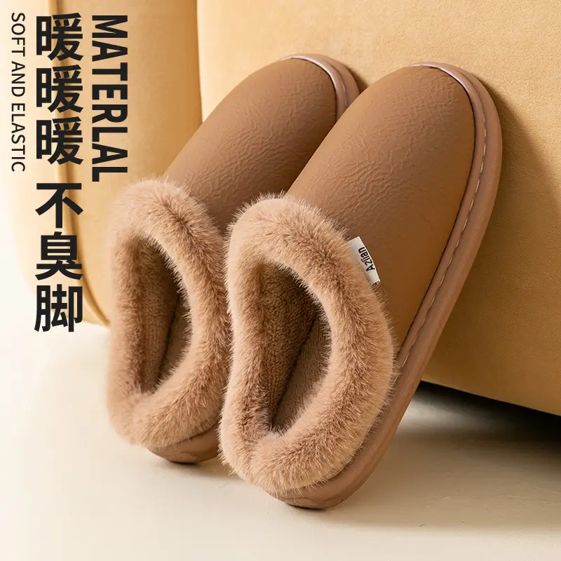 Pink Warm Cowhide Slippers for Men Women Winter - Image 4