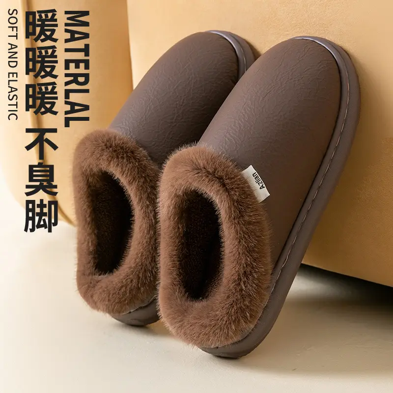 Pink Warm Cowhide Slippers for Men Women Winter - Image 5