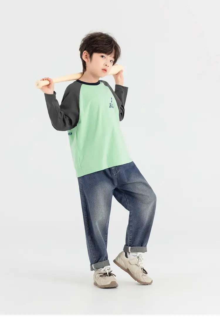 Duoduo Boys Long Sleeve T-Shirt Green Grey Rolling — feature 26