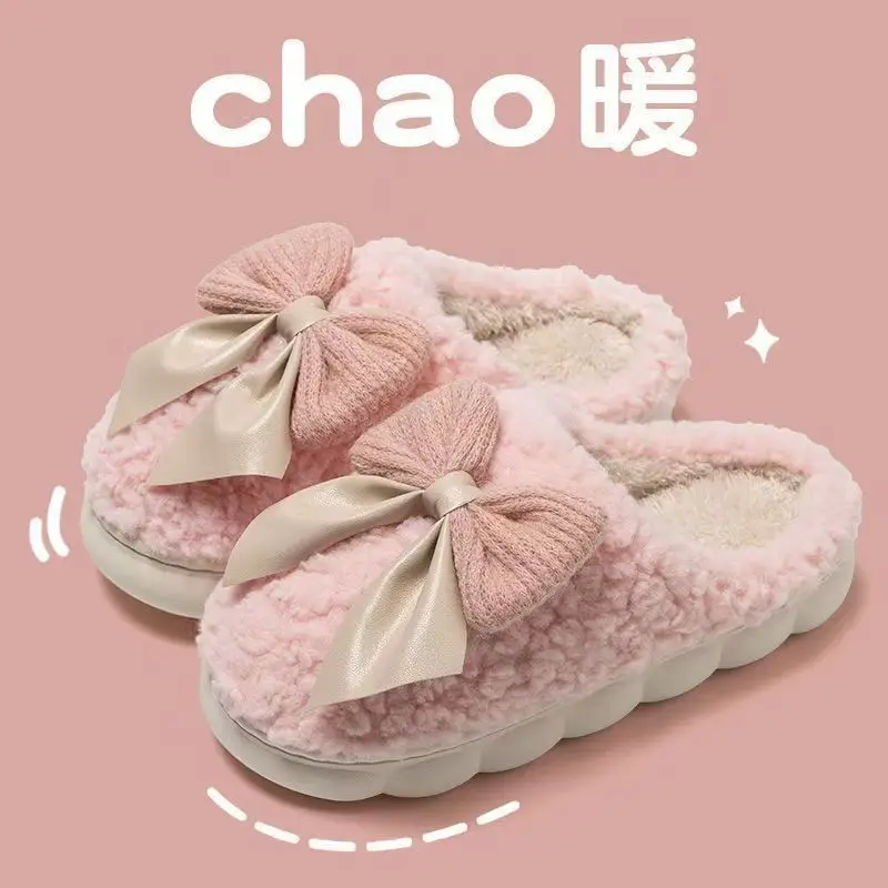 Bow-Knot Cotton Slippers for Women, Autumn and Winter 2025 New Style, Indoor Home Non-Slip, Anti-Odor, Warm Plush Cotton Slippers for Women - Image 2