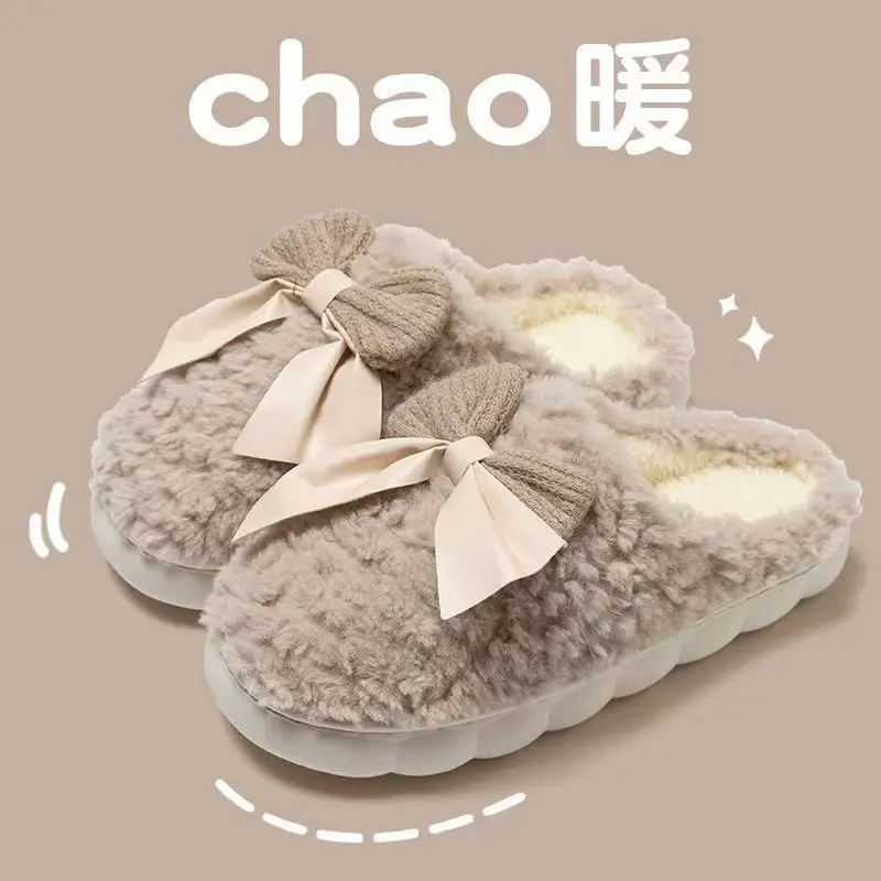 Bow-Knot Cotton Slippers for Women, Autumn and Winter 2025 New Style, Indoor Home Non-Slip, Anti-Odor, Warm Plush Cotton Slippers for Women - Image 4