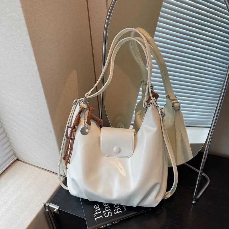 White Crossbody Shoulder Bag with Leather Strap - Image 11