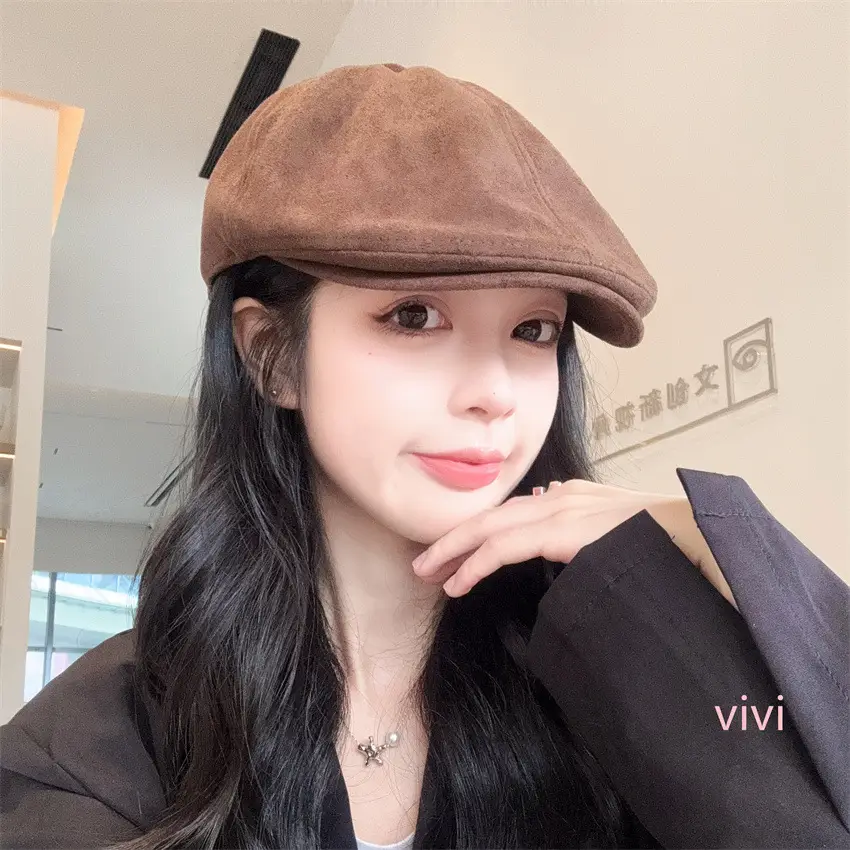 Women's Brown Retro Cap Adjustable Duckbill Beret Hat - Image 6