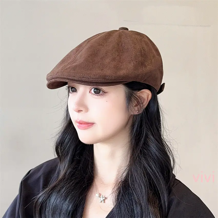 Women's Brown Retro Cap Adjustable Duckbill Beret Hat - Image 7