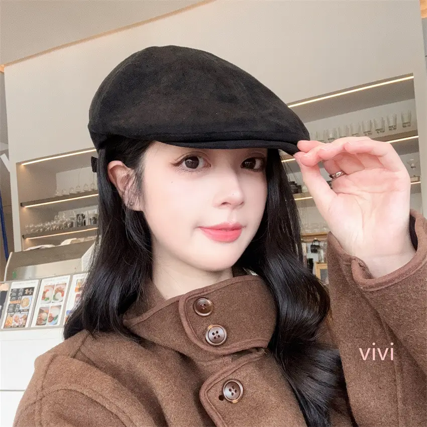 Women's Brown Retro Cap Adjustable Duckbill Beret Hat - Image 8