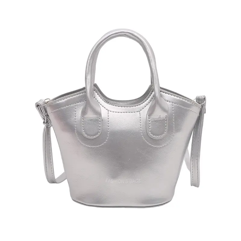 Trendy Grey Leather Bucket Bag 2025 - Image 3