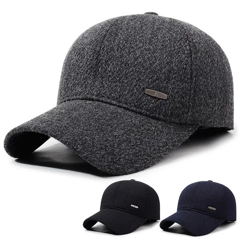 Winter Men's Black Wool Cap with Ear Protection