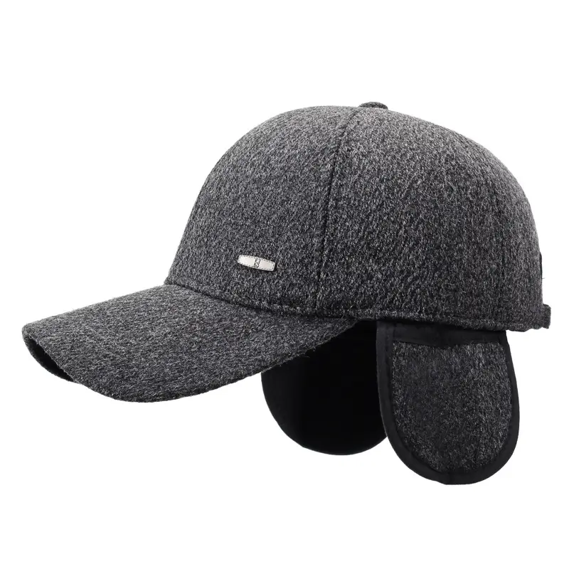 Winter Men's Black Wool Cap with Ear Protection