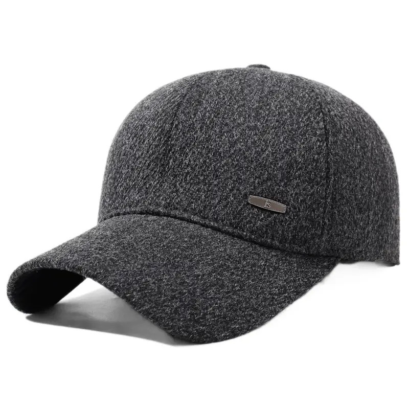 Winter Men's Black Wool Cap with Ear Protection