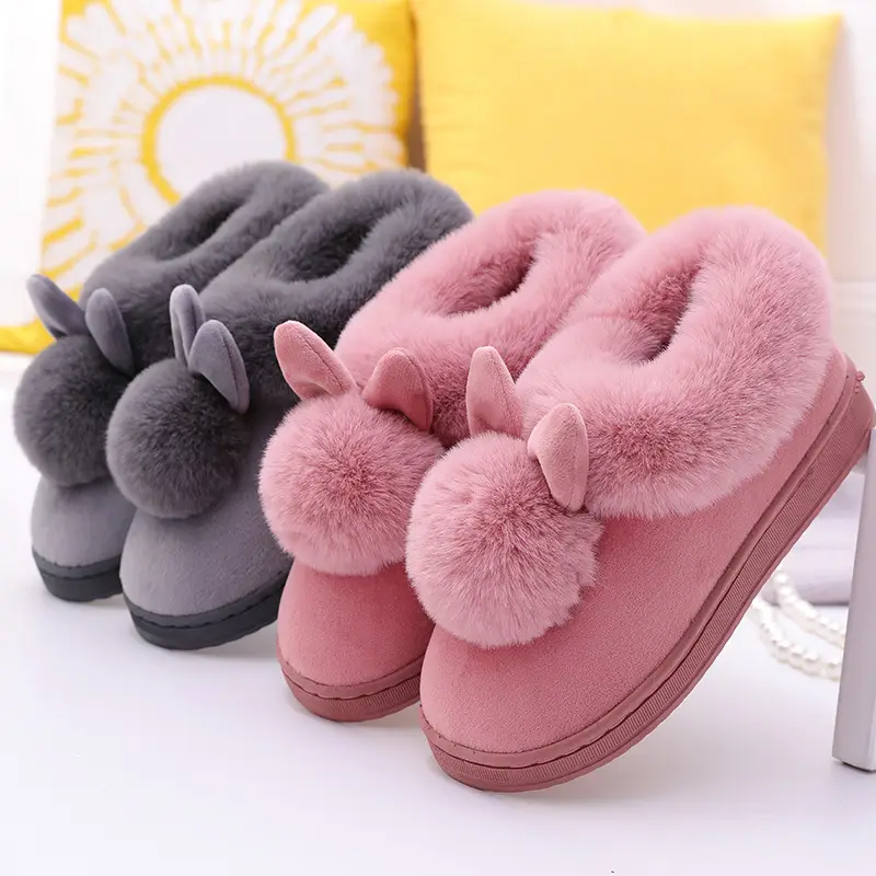 Women's Furry Slippers 2026 Winter New Korean Style Rabbit Fur Indoor Silent Warm Cotton Slippers with Heel Cover