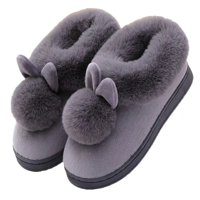 Women's Furry Slippers 2026 Winter New Korean Style Rabbit Fur Indoor Silent Warm Cotton Slippers with Heel Cover