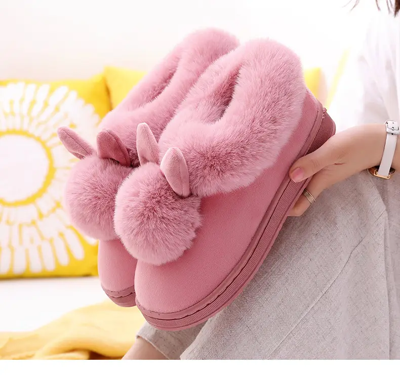 Women's Furry Slippers 2026 Winter New Korean Style Rabbit Fur Indoor Silent Warm Cotton Slippers with Heel Cover — feature 22
