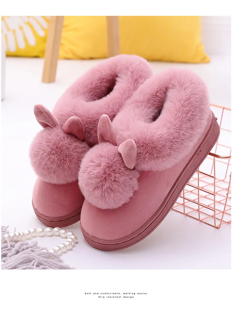 Women's Furry Slippers 2026 Winter New Korean Style Rabbit Fur Indoor Silent Warm Cotton Slippers with Heel Cover — feature 26