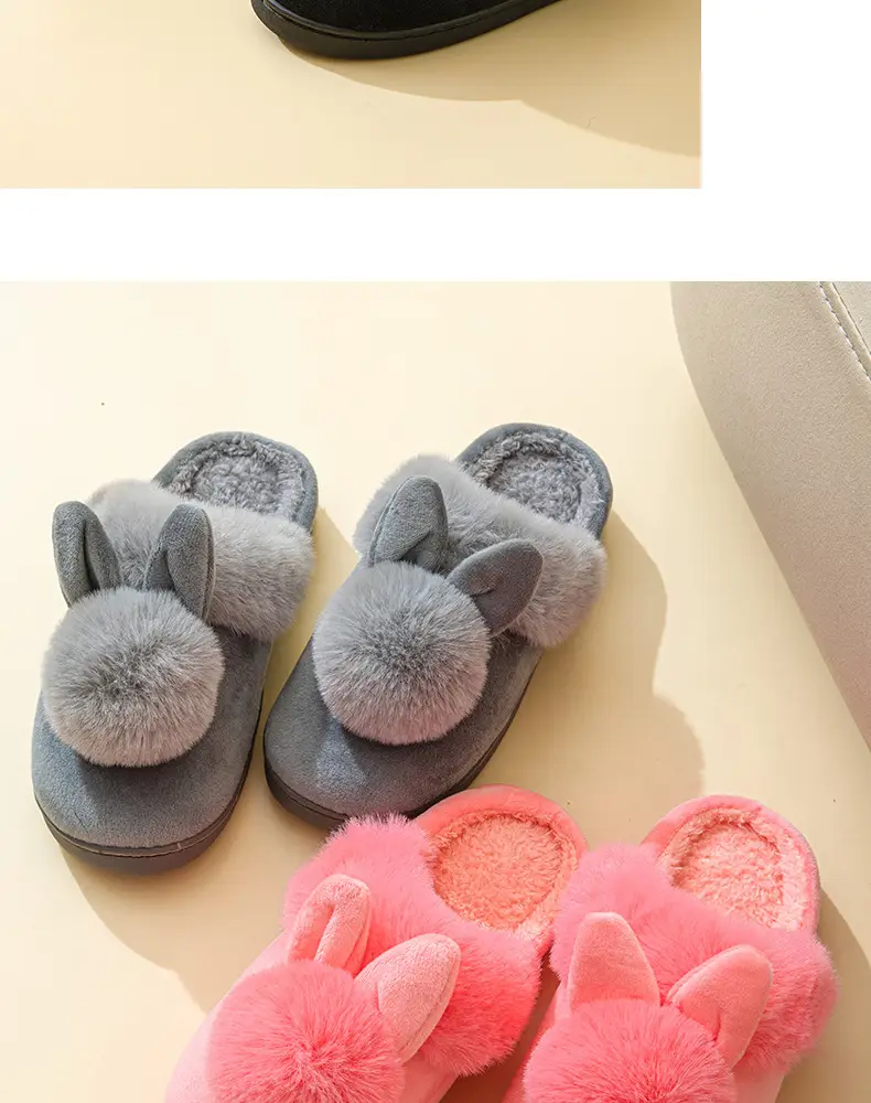 Women's Furry Slippers 2026 Winter New Korean Style Rabbit Fur Indoor Silent Warm Cotton Slippers with Heel Cover — feature 5