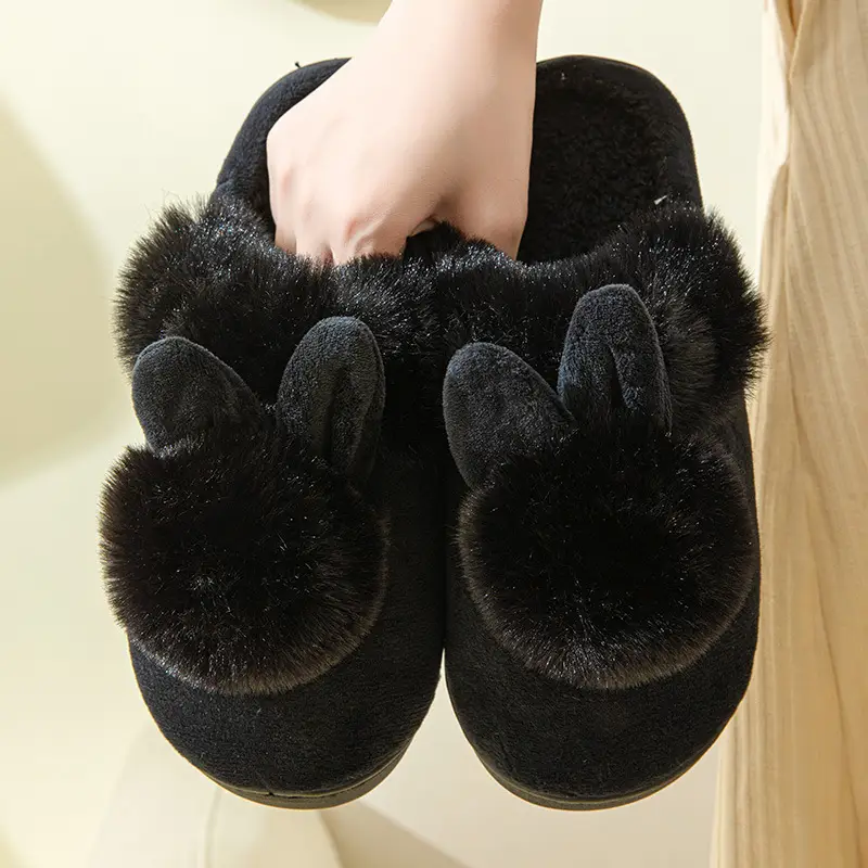 Women's Furry Slippers 2026 Winter New Korean Style Rabbit Fur Indoor Silent Warm Cotton Slippers with Heel Cover