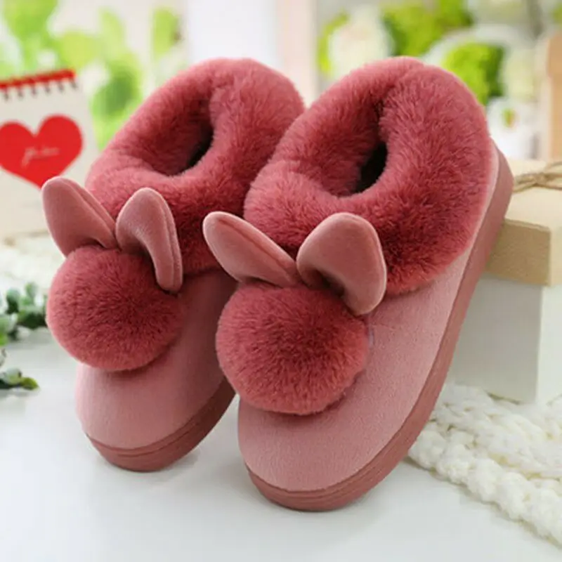 Women's Furry Slippers 2026 Winter New Korean Style Rabbit Fur Indoor Silent Warm Cotton Slippers with Heel Cover