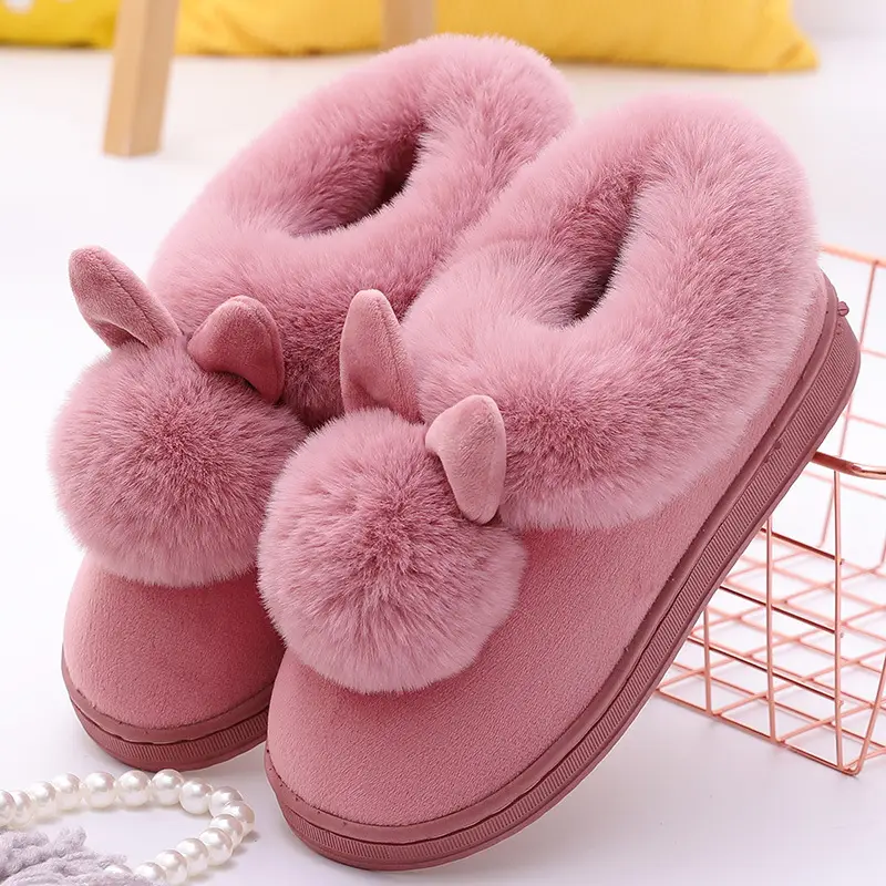 Women's Furry Slippers 2026 Winter New Korean Style Rabbit Fur Indoor Silent Warm Cotton Slippers with Heel Cover