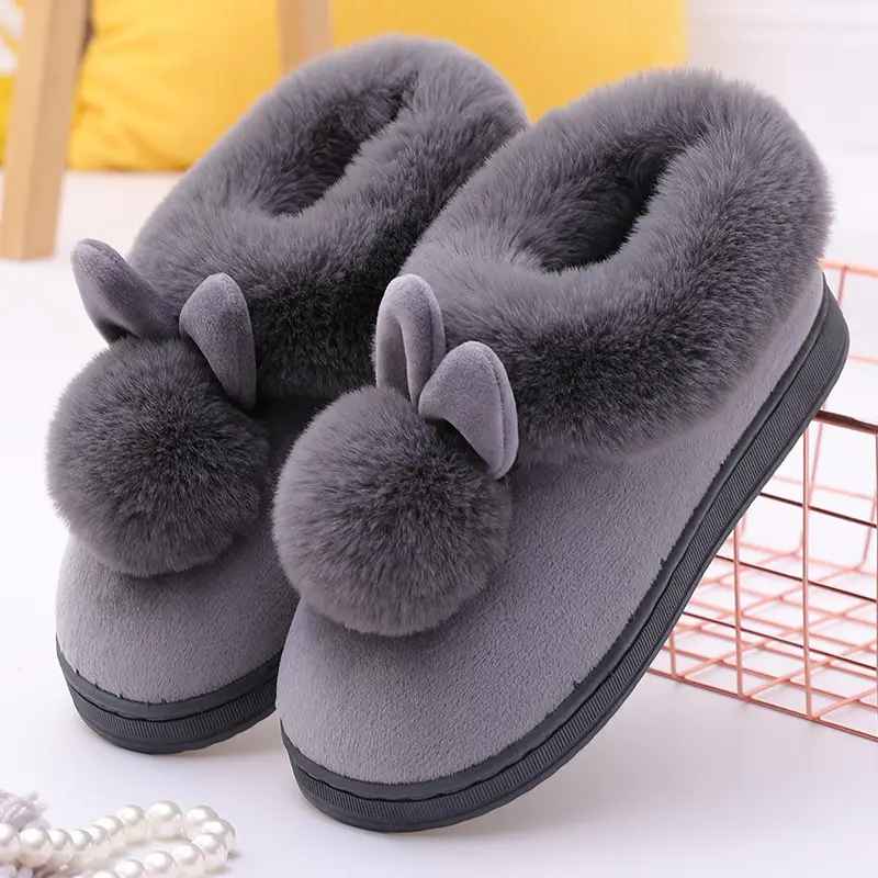 Women's Furry Slippers 2026 Winter New Korean Style Rabbit Fur Indoor Silent Warm Cotton Slippers with Heel Cover