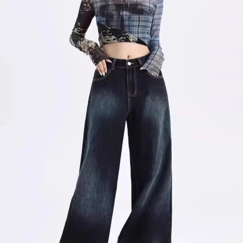 Dark Blue Gradient Wide Leg Jeans for Women Summer