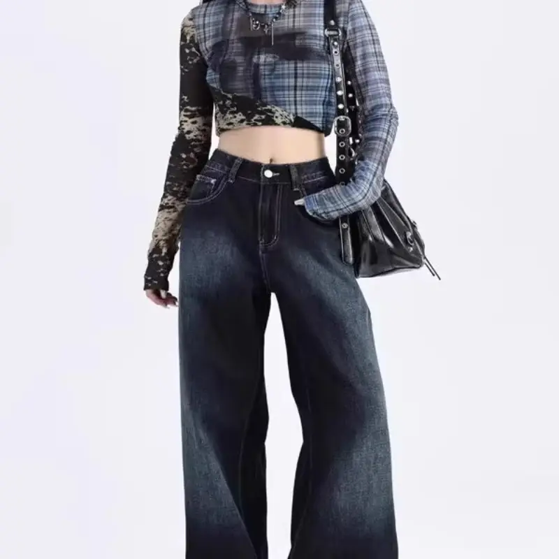 Dark Blue Gradient Wide Leg Jeans for Women Summer