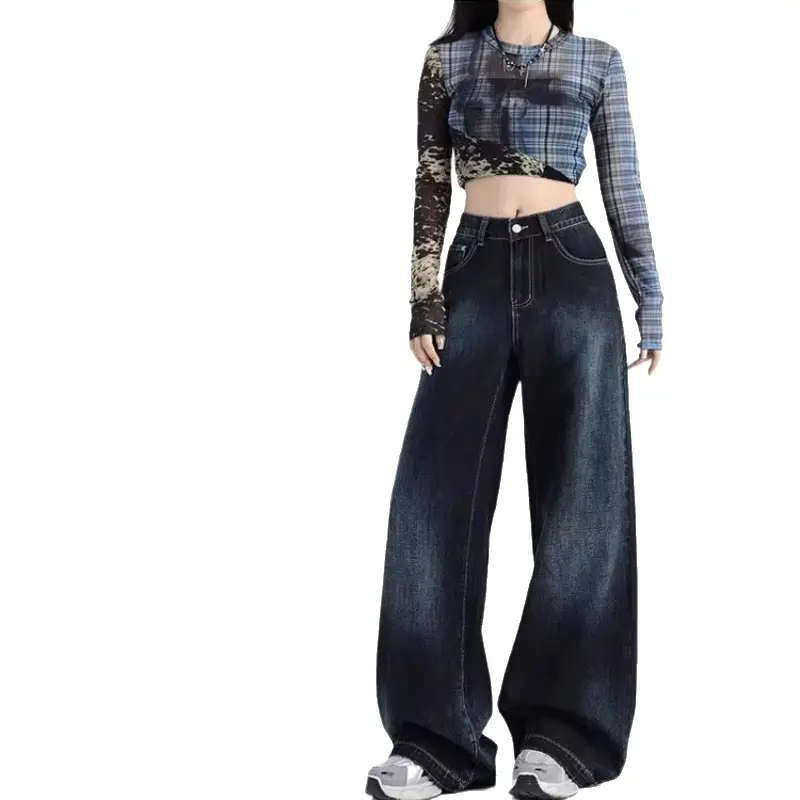 Dark Blue Gradient Wide Leg Jeans for Women Summer