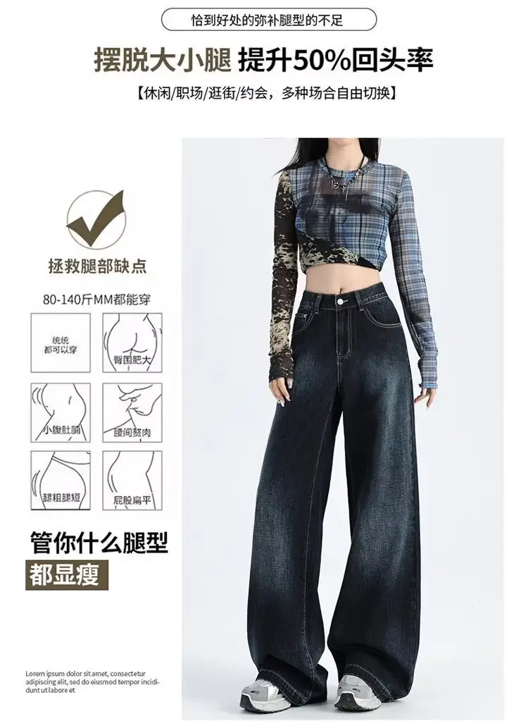 Dark Blue Gradient Wide Leg Jeans for Women Summer — feature 1