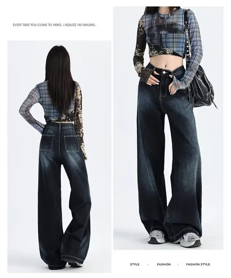 Dark Blue Gradient Wide Leg Jeans for Women Summer — feature 5