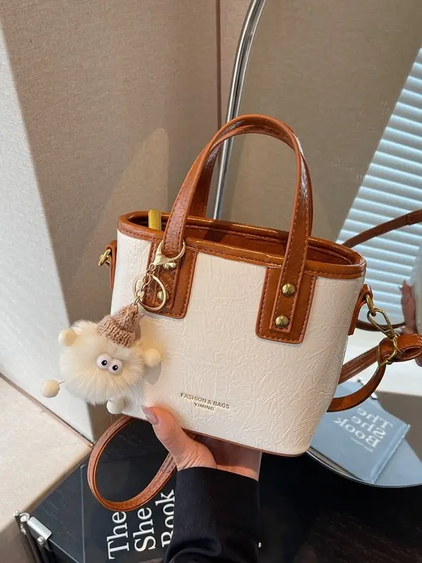 Women Retro Brown Leather Bucket Bag with Bear Charm - Image 6