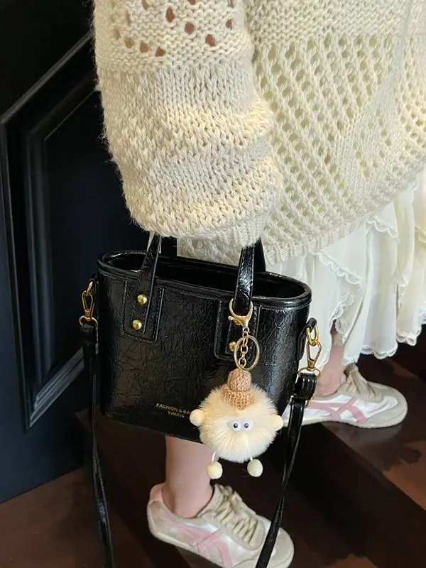 Women Retro Brown Leather Bucket Bag with Bear Charm - Image 7