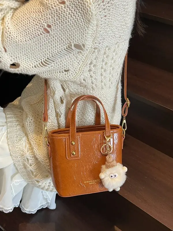 Women Retro Brown Leather Bucket Bag with Bear Charm - Image 8