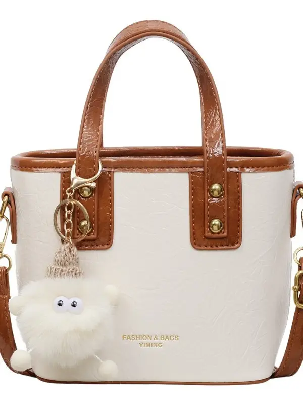 Women Retro Brown Leather Bucket Bag with Bear Charm - Image 9