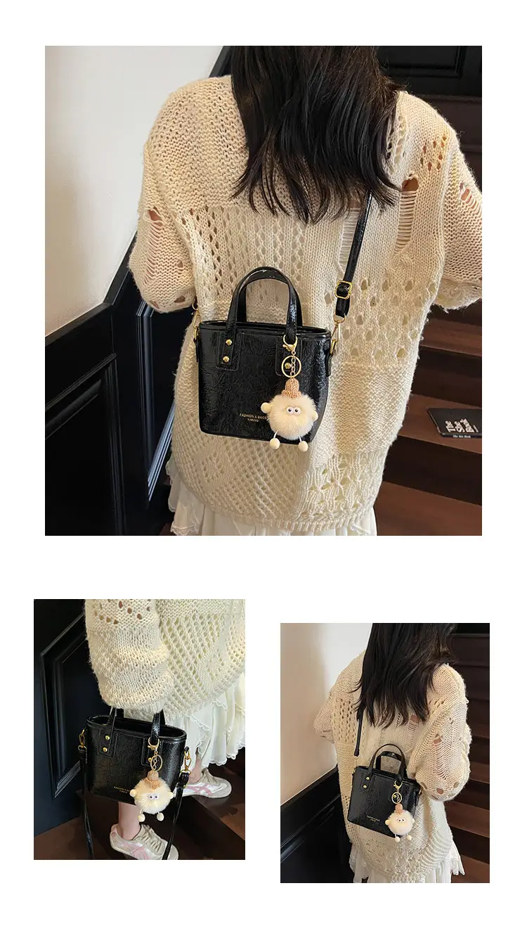 Women Retro Brown Leather Bucket Bag with Bear Charm — feature 10