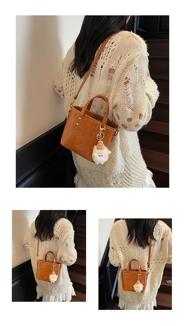 Women Retro Brown Leather Bucket Bag with Bear Charm — feature 11