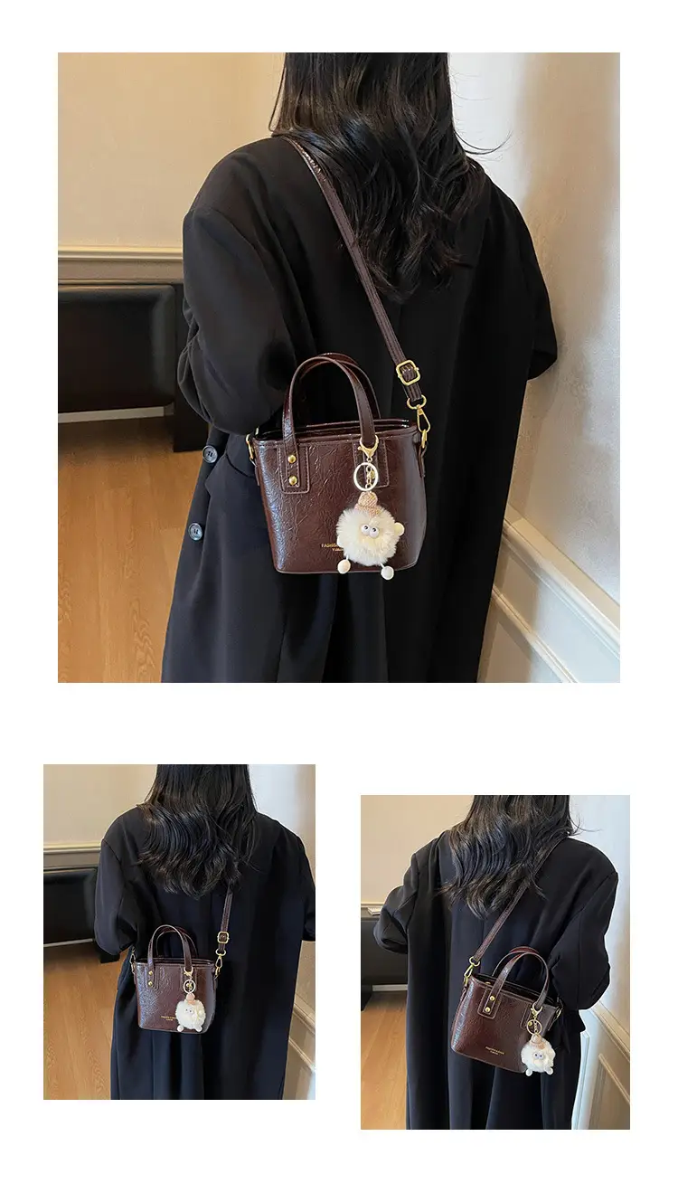 Women Retro Brown Leather Bucket Bag with Bear Charm — feature 12