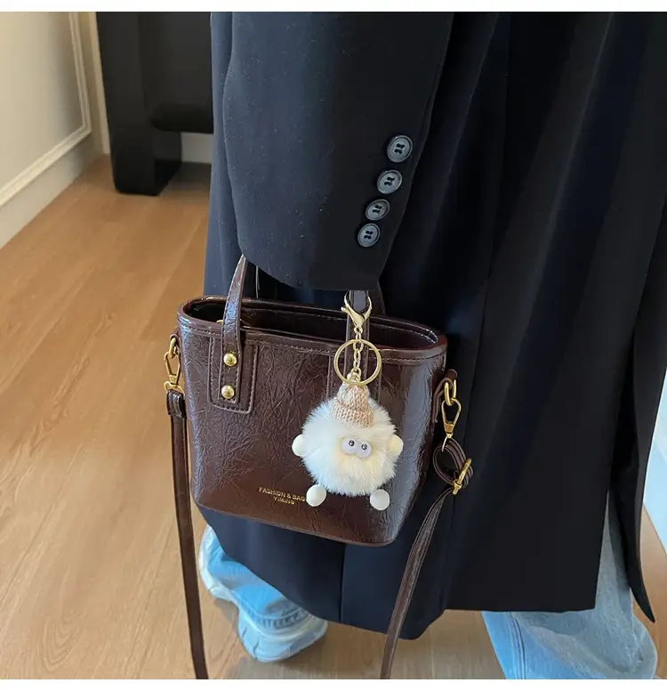 Women Retro Brown Leather Bucket Bag with Bear Charm — feature 13