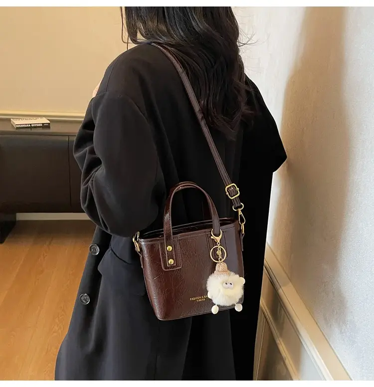 Women Retro Brown Leather Bucket Bag with Bear Charm — feature 15