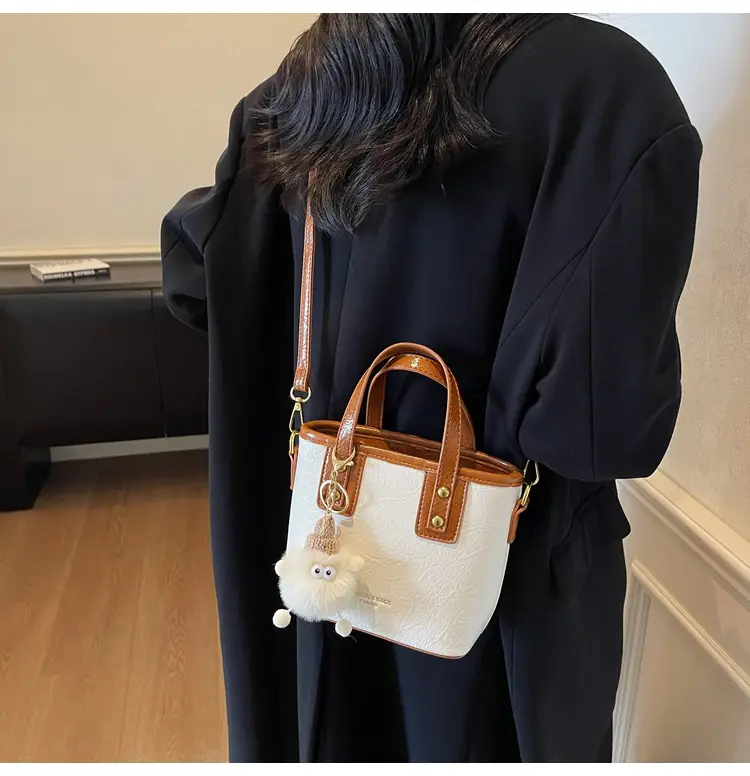 Women Retro Brown Leather Bucket Bag with Bear Charm — feature 16