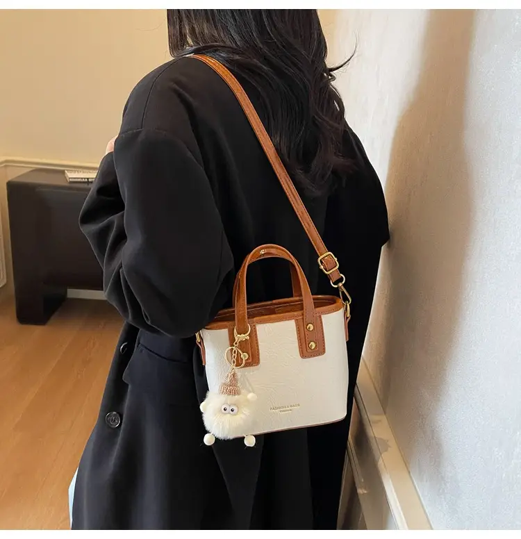 Women Retro Brown Leather Bucket Bag with Bear Charm — feature 17