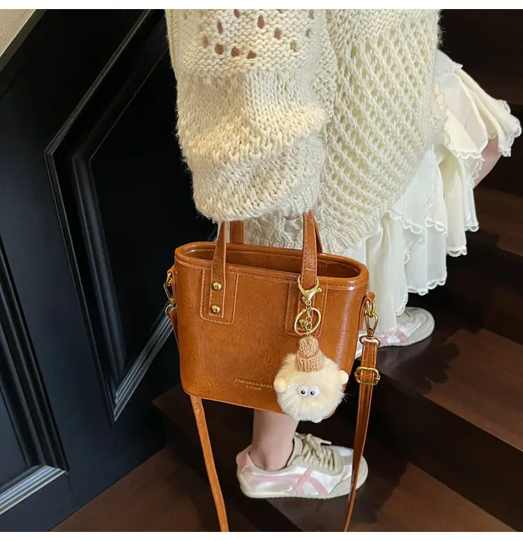 Women Retro Brown Leather Bucket Bag with Bear Charm — feature 18